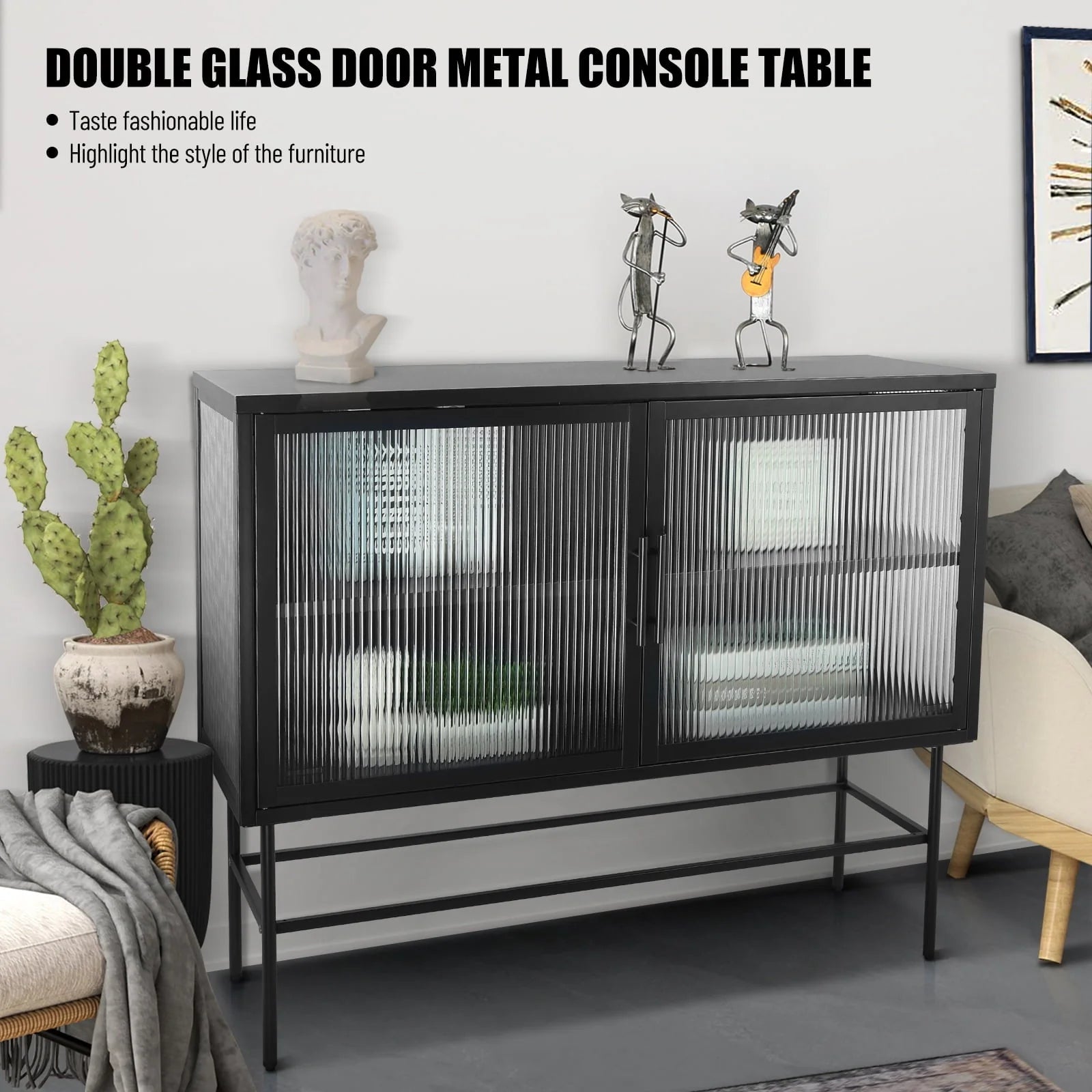 CoSoTower Double Tampered Glass Door Storage Cabinet with Adjustable Shelf and Feet Cold-Rolled Steel Tempered Glass Sideboard Furniture for Living Room Kitchen Black Color