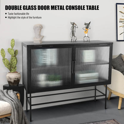 CoSoTower Double Tampered Glass Door Storage Cabinet with Adjustable Shelf and Feet Cold-Rolled Steel Tempered Glass Sideboard Furniture for Living Room Kitchen Black Color