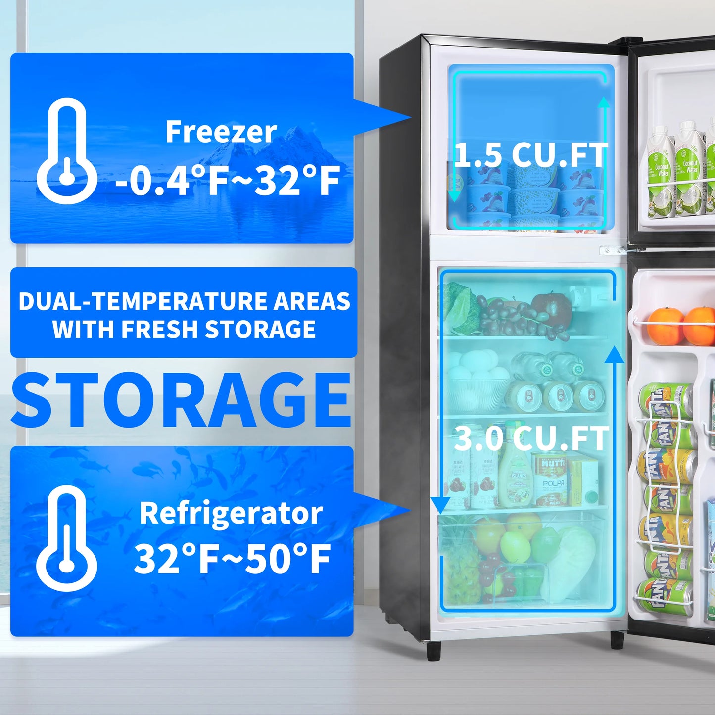 4.5 Cu. ft. Compact Refrigerator 2 Door with Freezer,5 Adjustable Thermostat & 4 Removable Glass Shelves