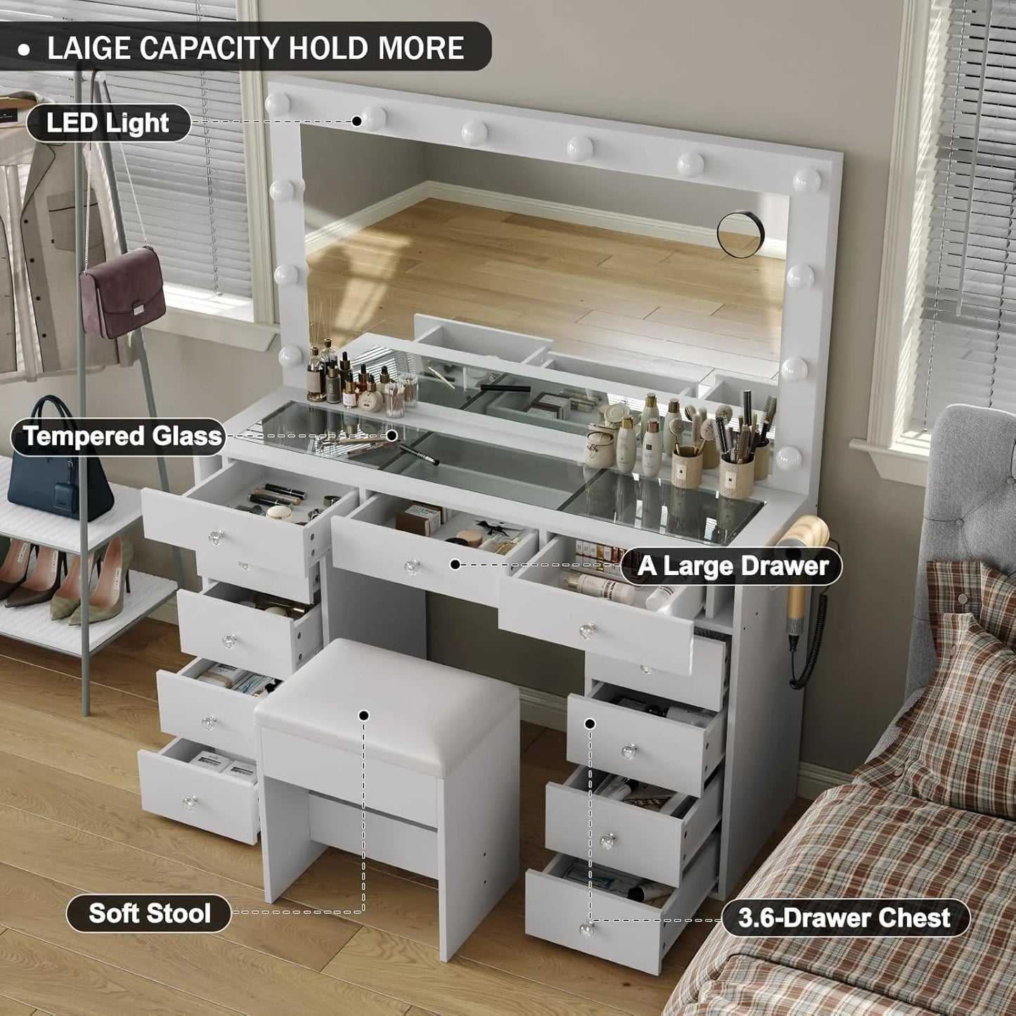 White Vanity Desk with Illuminated Mirror & Power Outlet, 11 Drawers Vanity Table with Chair, Makeup Vanity with 12 LED Lights, Tempered Glass Top, Dressing Table for Bedroom,Dressing Room