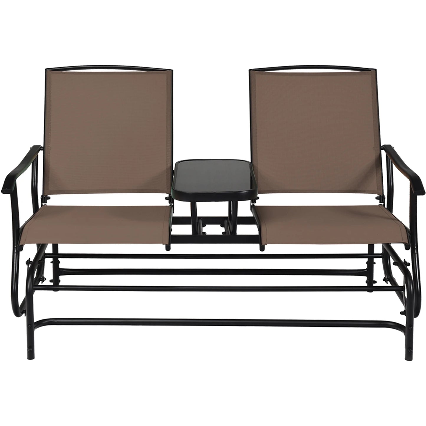 Gymax Patio 2-Person Glider Rocking Char Loveseat Garden w/Tempered Glass Table Brown