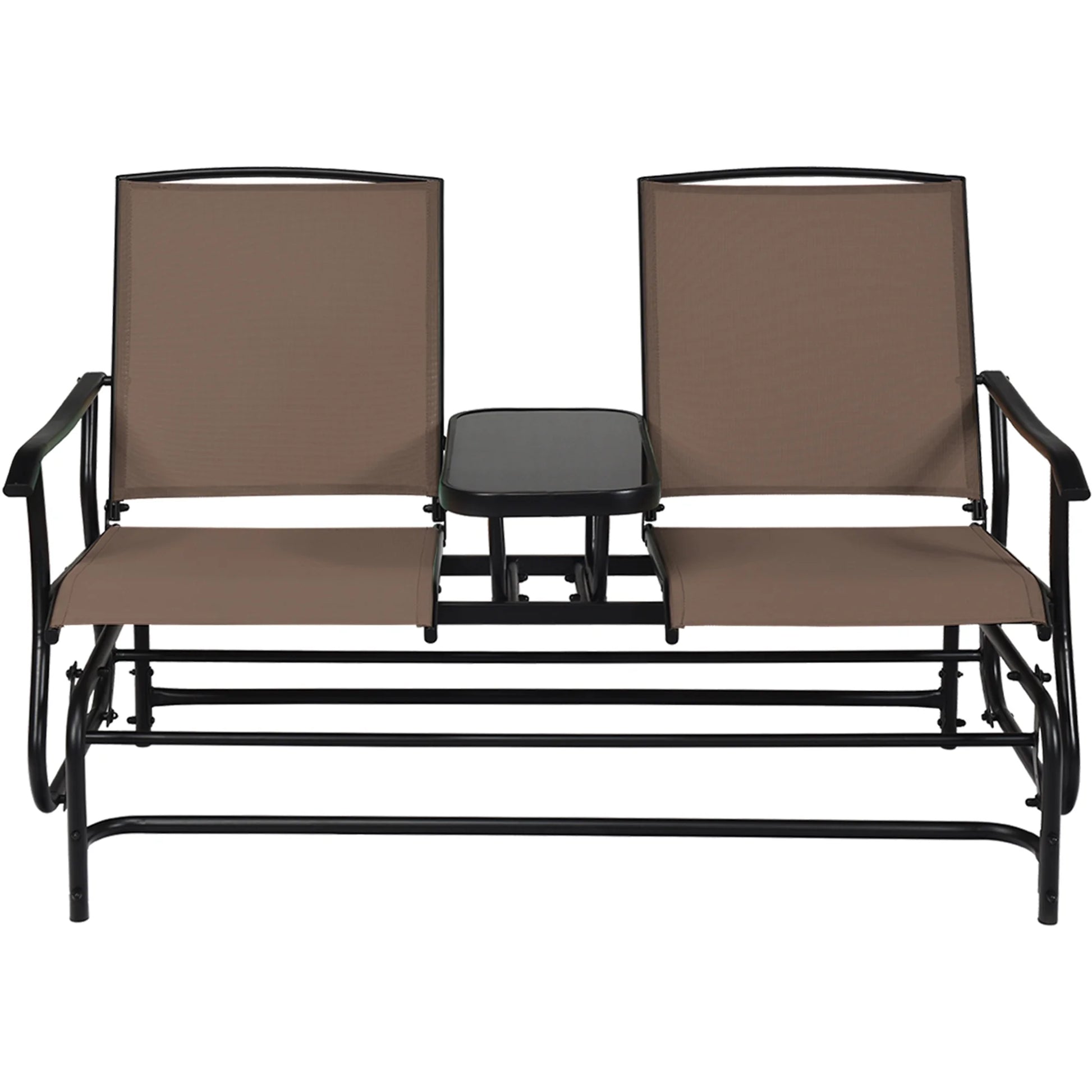 Gymax Patio 2-Person Glider Rocking Char Loveseat Garden w/Tempered Glass Table Brown