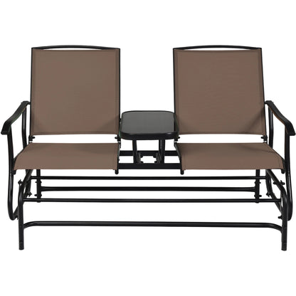 Gymax Patio 2-Person Glider Rocking Char Loveseat Garden w/Tempered Glass Table Brown