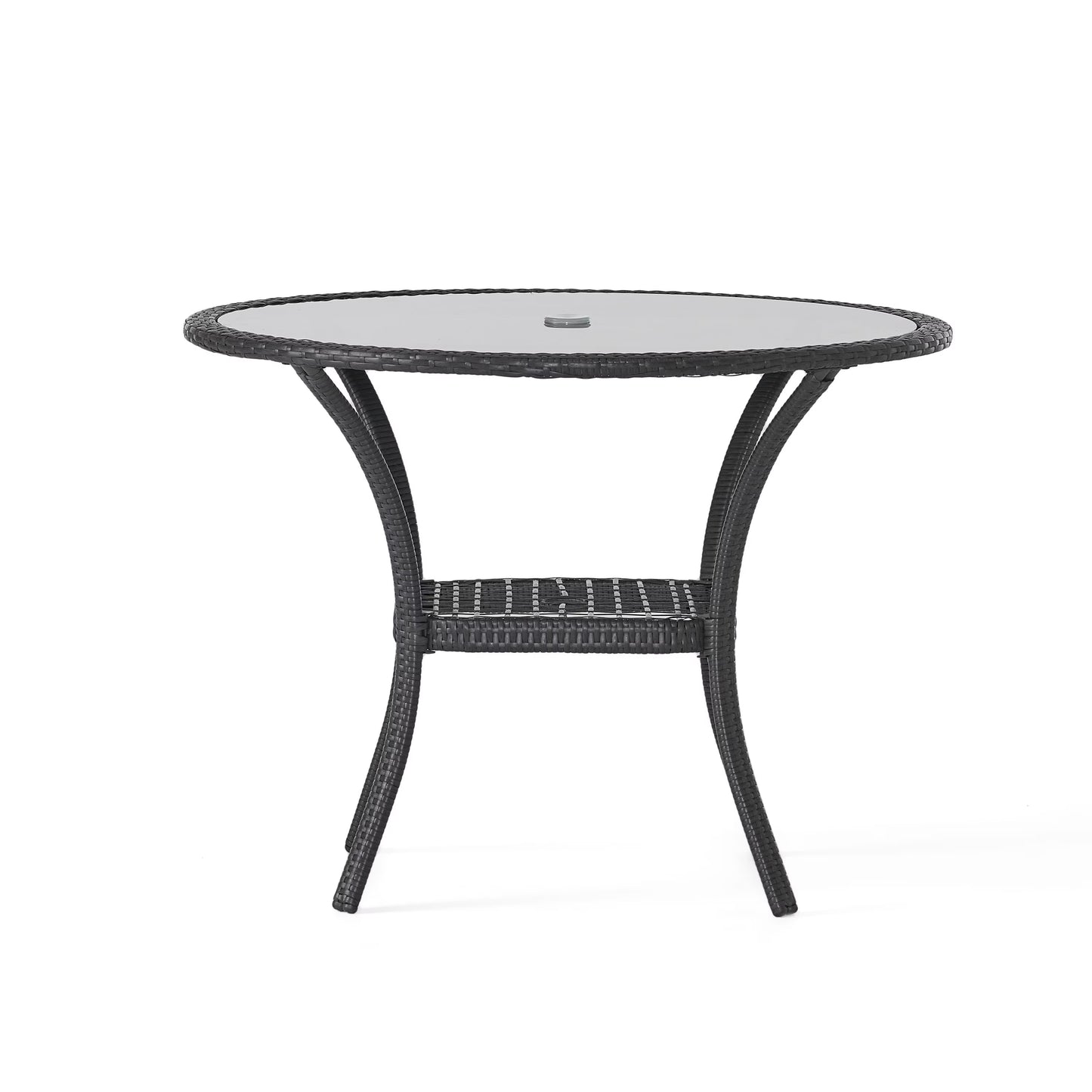 GDF Studio Jeremy Outdoor Wicker Dining Table with Glass Top, Gray and Smoky