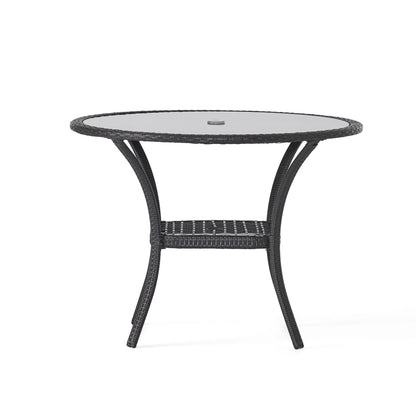 GDF Studio Jeremy Outdoor Wicker Dining Table with Glass Top, Gray and Smoky