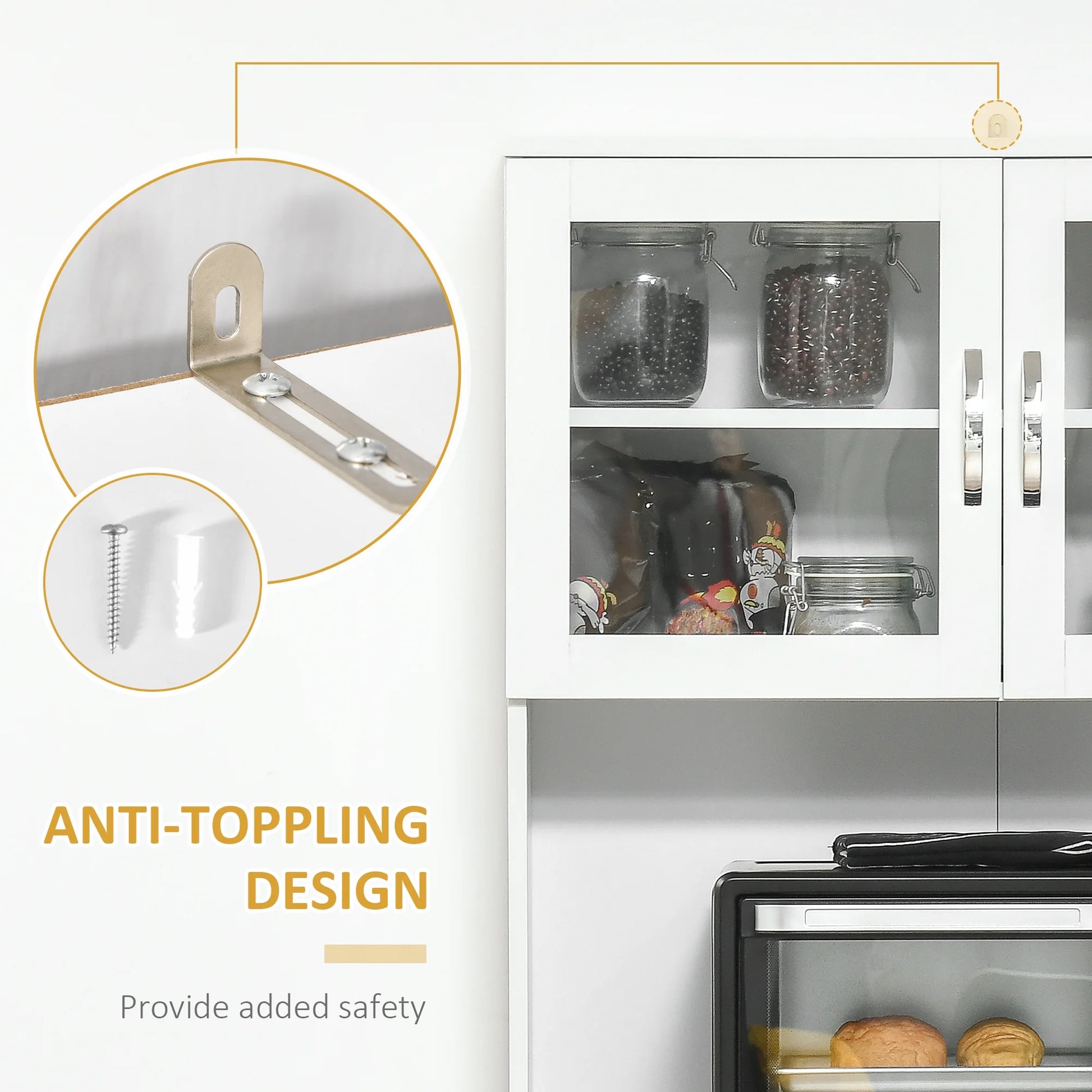 HOMCOM 67" Pantry Cabinet, Modern Kitchen Hutch, Freestanding Storage Cabinet with Glass Doors, Adjustable Shelves and Drawers, White