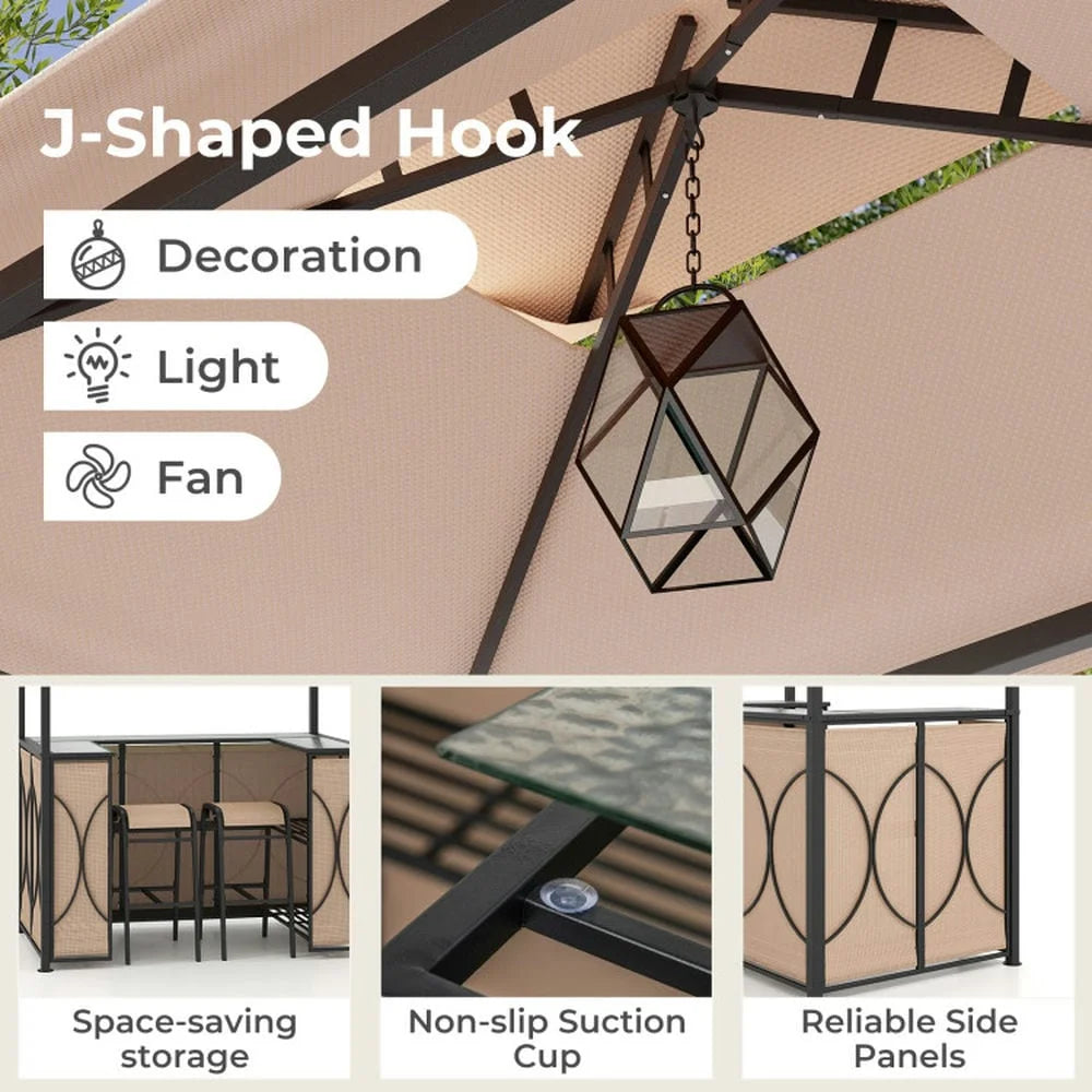 Aimee Lii 3-Piece Patio Bar Set Grill Patio Canopy & 2 Bar Stools with Tempered Glass Bar Table, Modern Patio Furniture for Outdoor Backyard Pool Deck-Brown