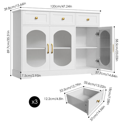 Homfa 3 Drawer Buffet Cabinet with 3 Curved Glass Doors, 47.2''W Kitchen Sideboard with Adjustable Shelf, White