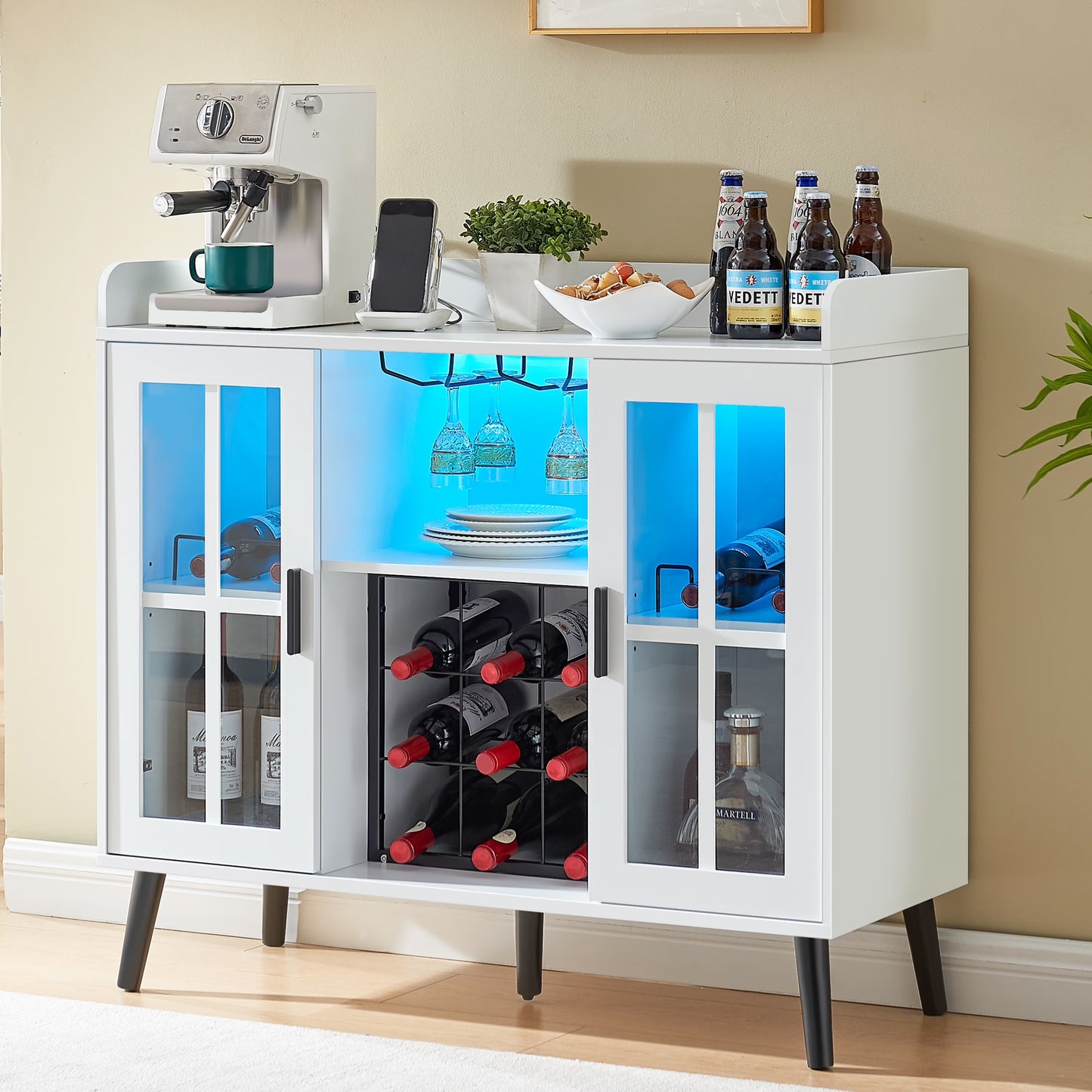 Wine Bar Cabinet with LED Light, Coffee Bar Cabinet with Storage and Outlet, Kitchen Buffet Sideboard with Wine Rack and Glass Holder, Modern Liquor Cabinets for Home Dining Room, White
