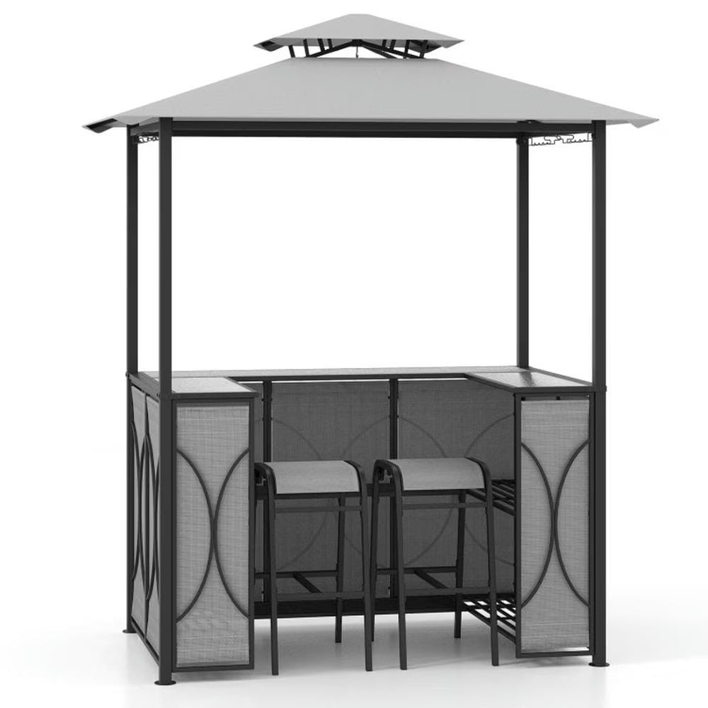 Aimee Lii 3-Piece Patio Bar Set Grill Patio Canopy & 2 Bar Stools with Tempered Glass Bar Table, Modern Patio Furniture for Outdoor Backyard Pool Deck-Brown