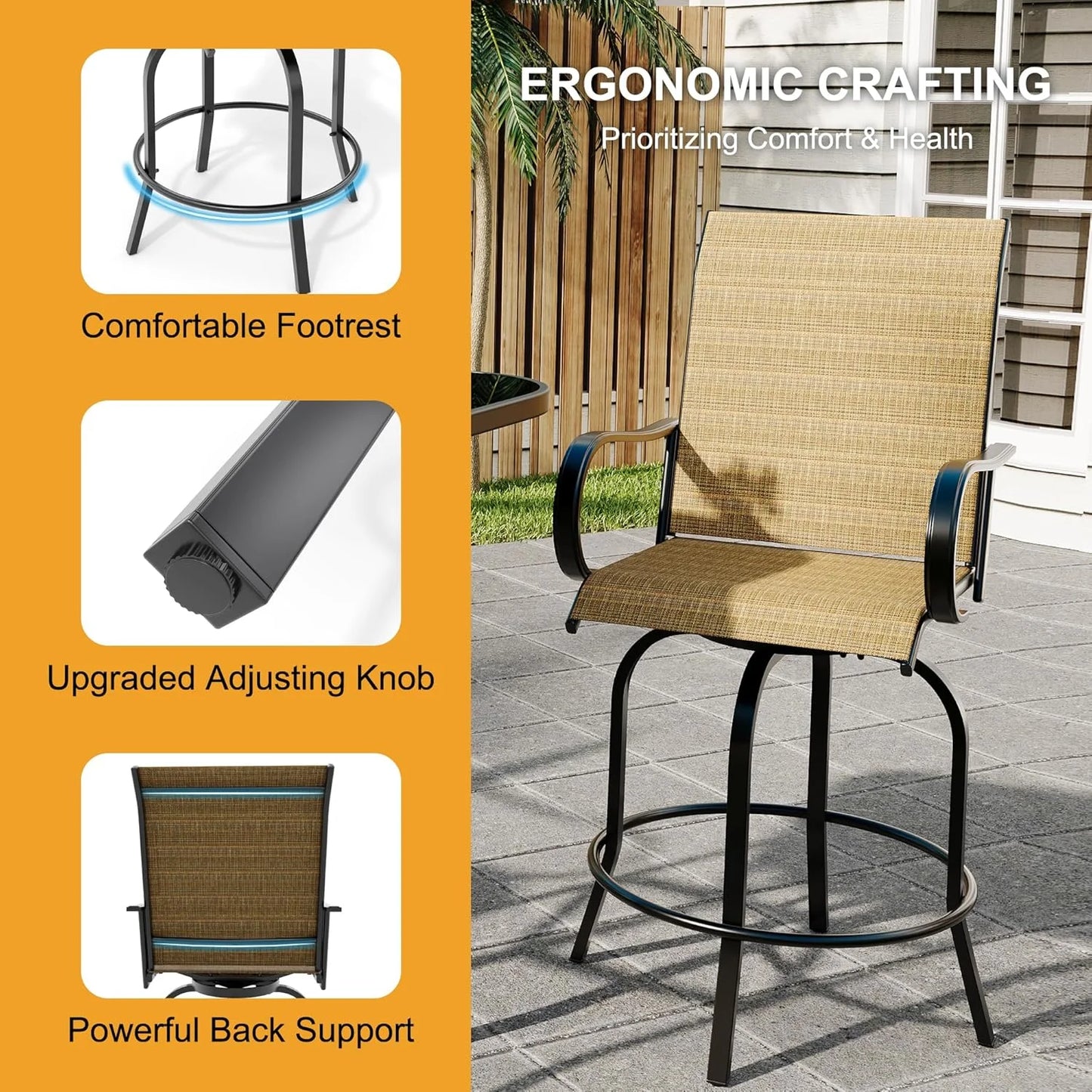 Homhougo 3 Piece Patio Swivel Bar Sets, 3PCS Outdoor High Top Bar Set with 2 Outdoor Swivel Chairs and Glass Bar Table, Patio High Top Bar Table and Stools Chairs Set All Weather Textile Fabric