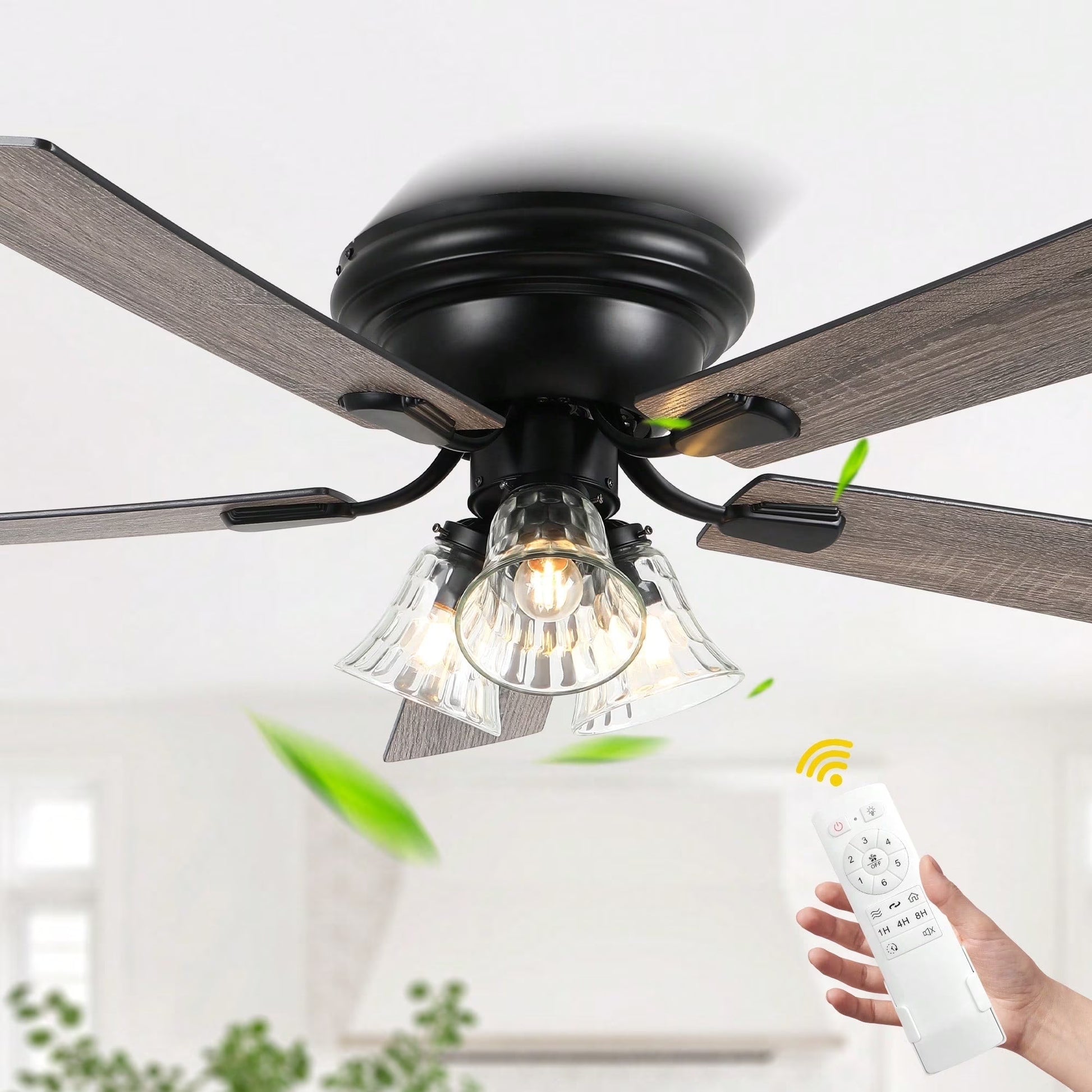 Cusp Barn 52 Inch Traditional Indoor Ceiling Fan with Remote Control, Vintage Clear Glass Shade Chandelier, Low Profile Flush Mount Reversible Ceiling Fan for Bedroom