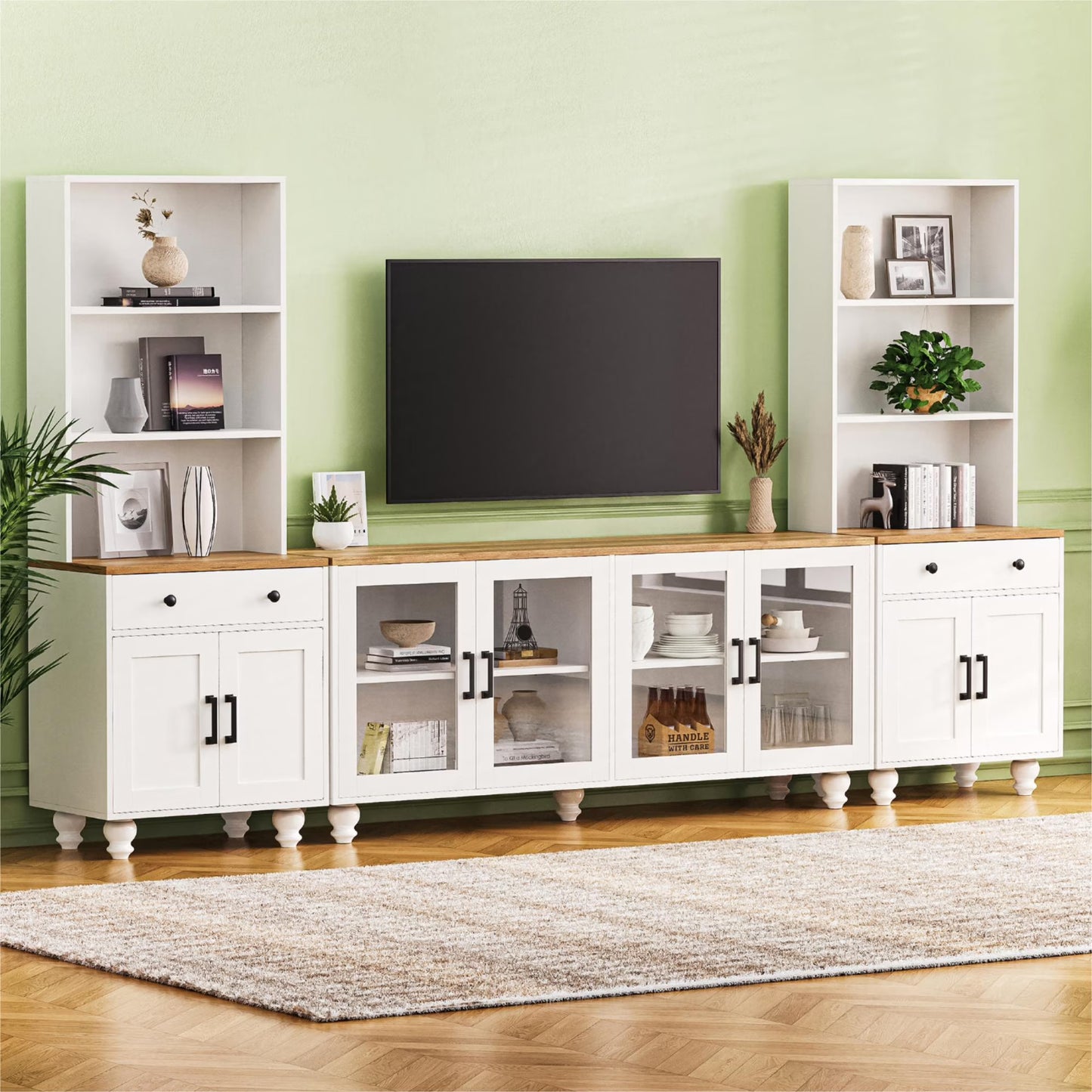 Furvclv Entertainment Center With Bookshelves For TVs Up To 70", Modern Wall Unit TV Stand Cabinets With Adjustable Shelves And Tempered Glass Door, Gourd-shaped Legs Supports