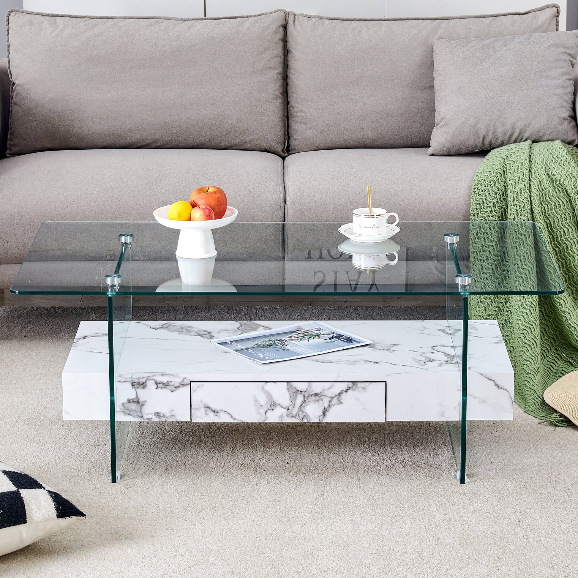 43.3 Inch Modern Two-Tier Coffee Table - Clear Tempered Glass and White Marble Texture, Multifunctional Storage Design.The bottom tier includes a drawer.Can be used as a coffee table,side table,etc.