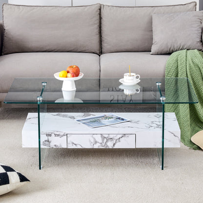43.3 Inch Modern Two-Tier Coffee Table - Clear Tempered Glass and White Marble Texture, Multifunctional Storage Design.The bottom tier includes a drawer.Can be used as a coffee table,side table,etc.