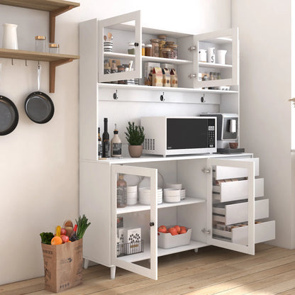 Large Kitchen Pantry Storage Cabinet w/4 Glass Doors & 4 Drawers, Food Hutch w/Microwave Stand & Hooks