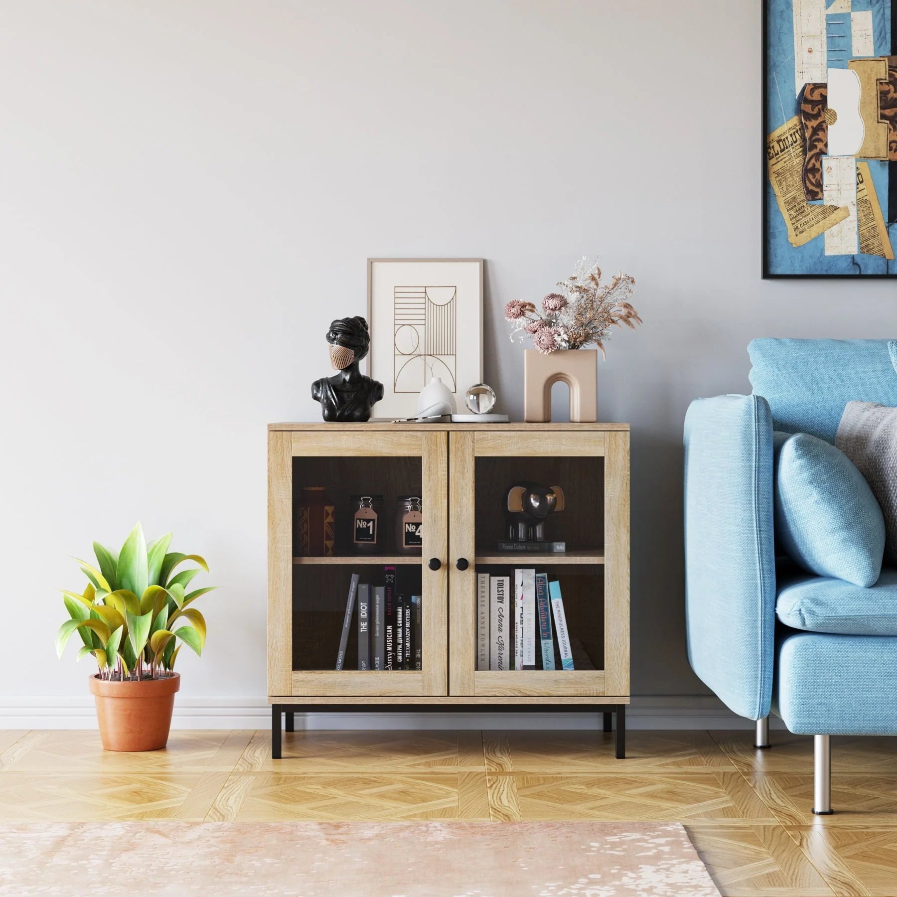 Homfa Wide Accent Cabinet with Glass Doors, Adjustable Shelves Display Cabinet with Metal Base, Oak