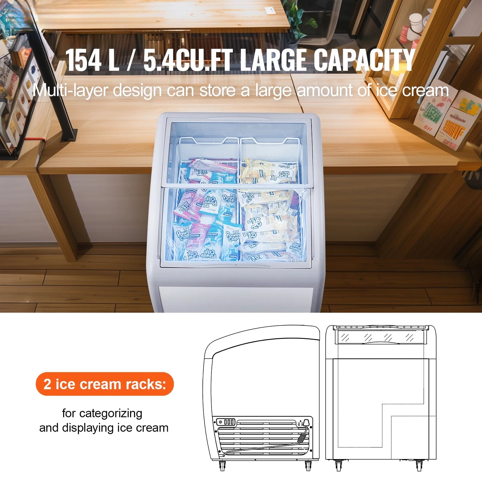 KFFKFF Professional Ice Cream Showcase, 5.4 Cubic Feet Storage Freezer, Portable Transparent Lid Deep Freezer, Dining Establishment Sorbet Serving Cabinet,2 Mesh Baskets, 2 Retractable Glass Doors