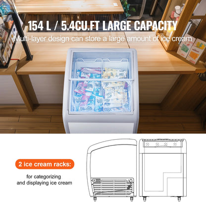 KFFKFF Professional Ice Cream Showcase, 5.4 Cubic Feet Storage Freezer, Portable Transparent Lid Deep Freezer, Dining Establishment Sorbet Serving Cabinet,2 Mesh Baskets, 2 Retractable Glass Doors