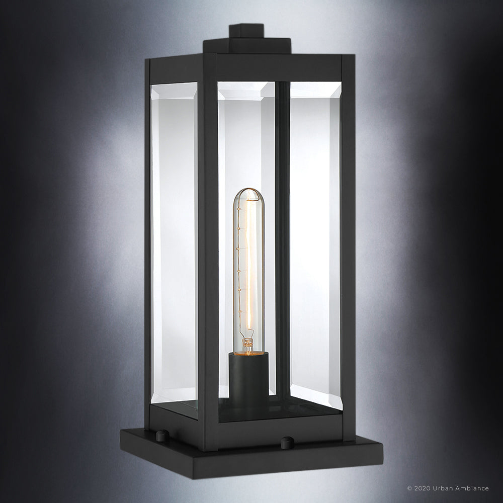 Luxury Modern Farmhouse Outdoor Post Light, 16.00''H x 7.50''W, with Industrial Style Elements, Minimalist Design, Natural Black Finish and Clear Beveled Glass, UQL1336