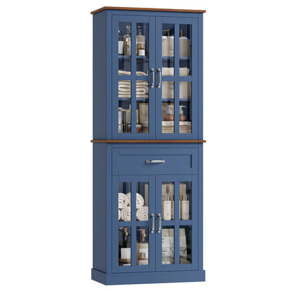 Homfa 71" Tall Bathroom Cabinet with Glass Doors, Freestanding Linen Cabinet with Drawer & Adjustable Shelves, Blue