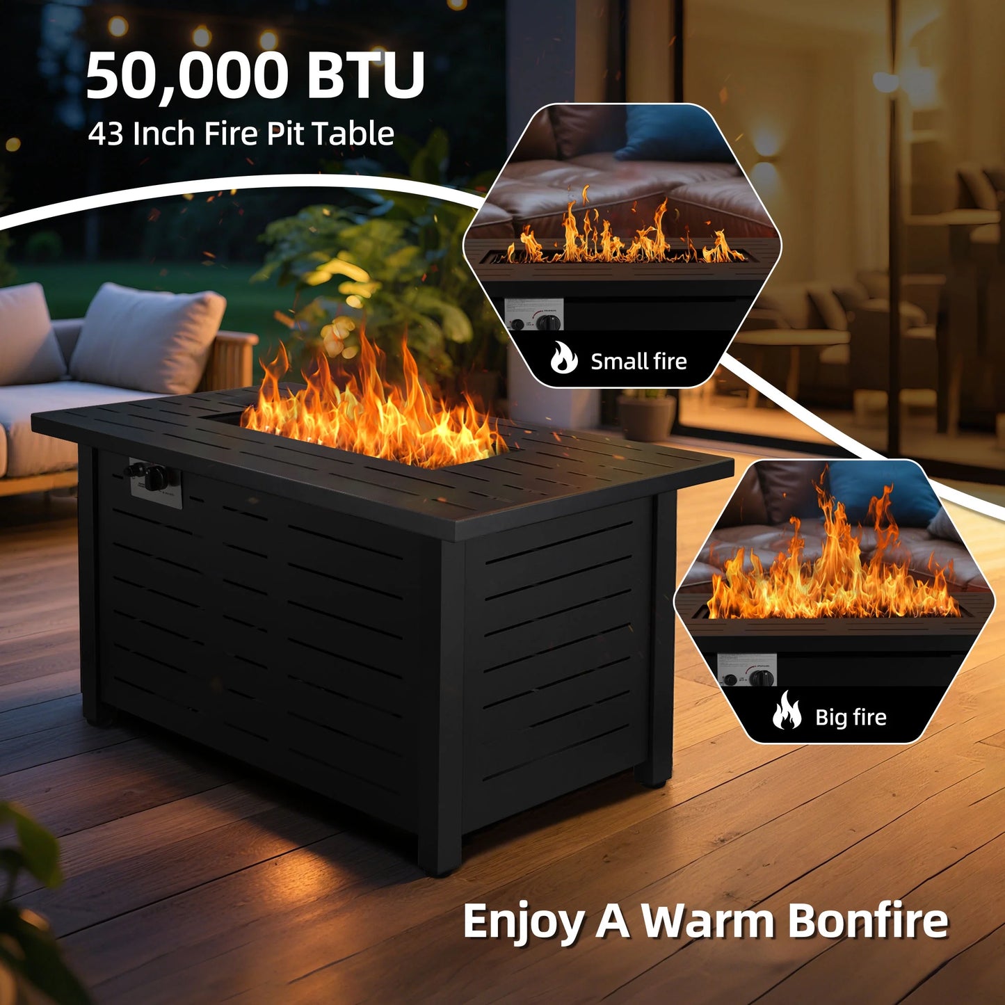 LHRIVER 43" Propane Fire Pit Table, 50,000 BTU Outdoor Windproof Gas Fire Pit with Lid, Smokeless Glass Rocks, Cover