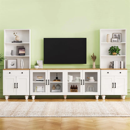 Furvclv Entertainment Center With Bookshelves For TVs Up To 70", Modern Wall Unit TV Stand Cabinets With Adjustable Shelves And Tempered Glass Door, Gourd-shaped Legs Supports