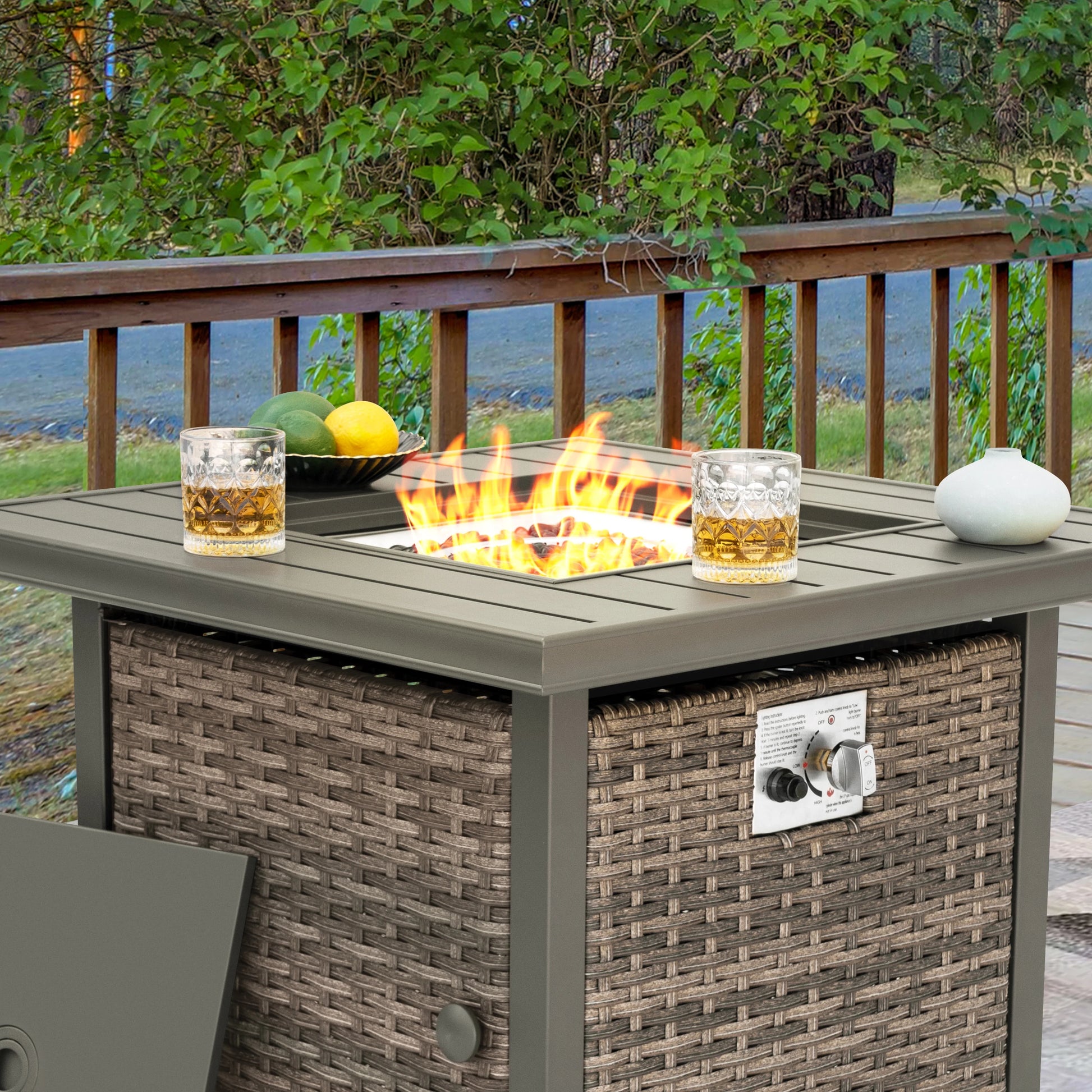 Nuu Garden Square 30" Outdoor Propane Fire Pit Table, 50,000 BTU Gas Fire Pit with Lid, Hand-Woven Wicker, with Glass Beads and CSA Certification