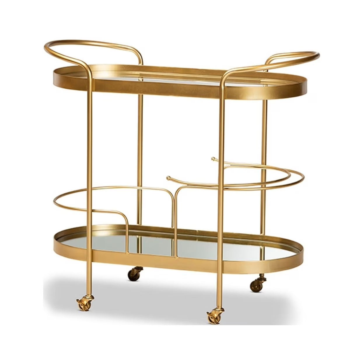 Baxton Studio Kamal Modern and Contemporary Glam Brushed Gold Finished Metal and Mirrored Glass 2-Tier Mobile Wine Bar Cart