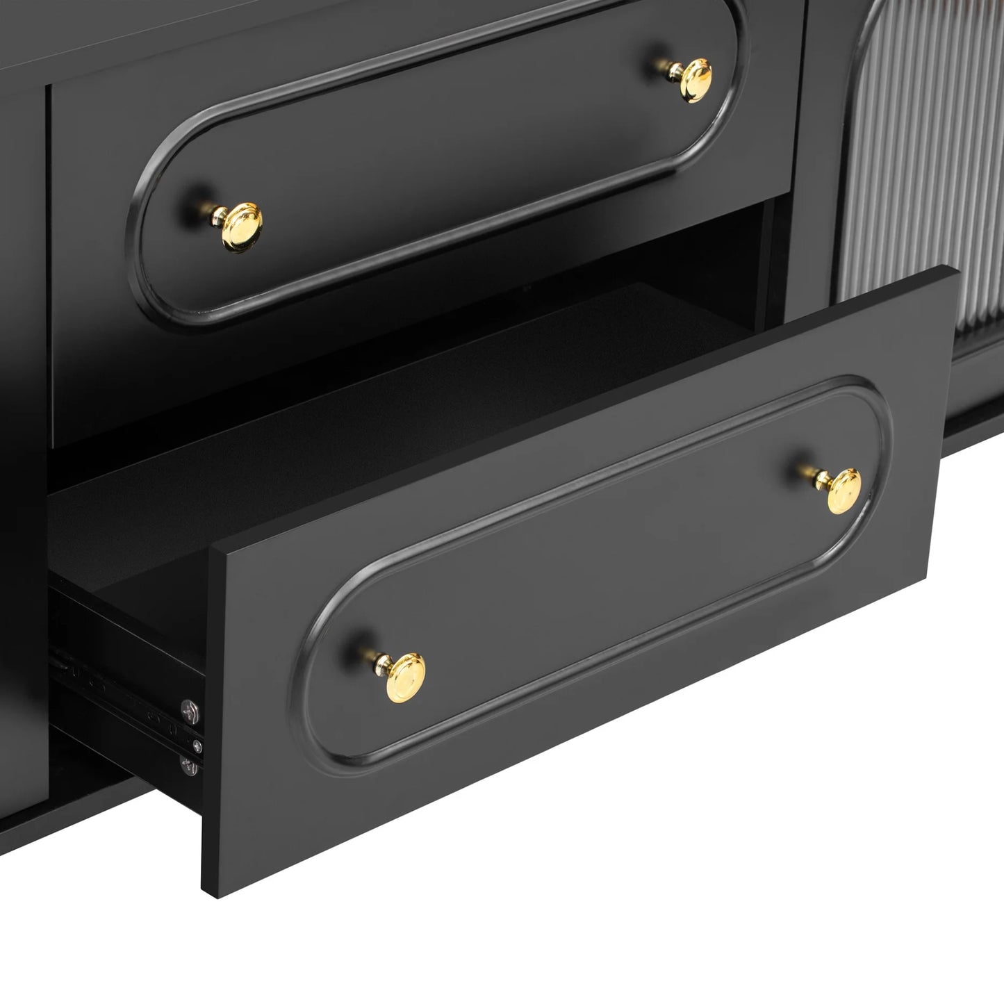 TV Stand for 80 inch TV, Entertainment Center with 2 Drawers and 2 Cabinets, Low Profile TV Consoles with Fluted Glass Doors and 5 Metal Legs for Living Room, Black