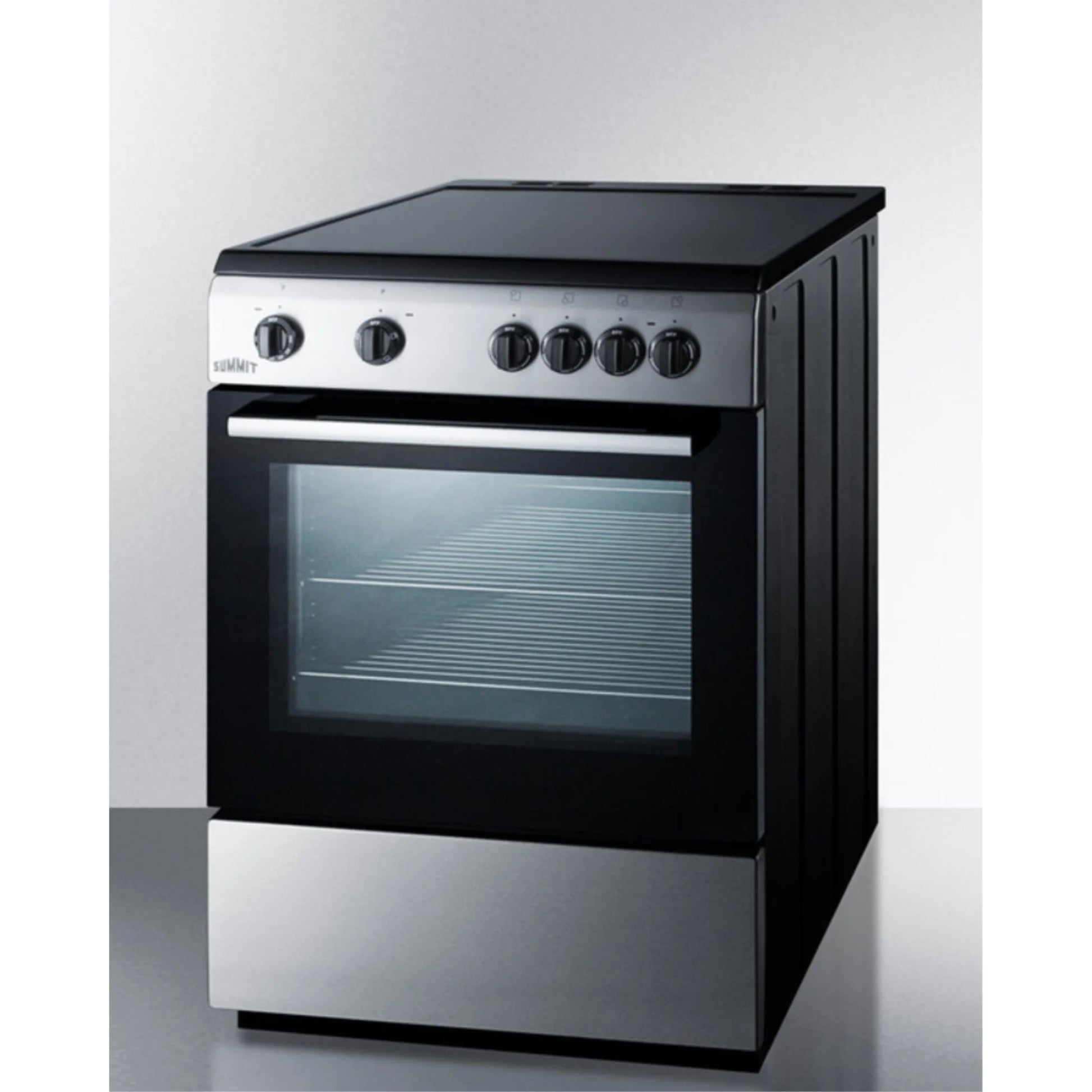 24" wide smooth top electric range in slide-in style and white finish, with storage drawer and large oven window in black glass