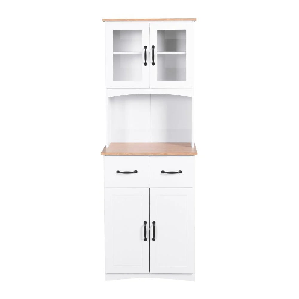 GZXS 67" Modern Buffet with Hutch, Kitchen Pantry Microwave Cabinet with Framed Glass Doors and 2 Drawers, White