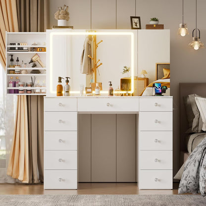 PAKASEPT Vanity Set with Lighted Mirror, Large Vanity Desk with Charging Station, Makeup Vanity Table with 11 Drawers & Hidden Sliding Storage Cabinet & Visible Glass Tabletop for Bedroom (White)