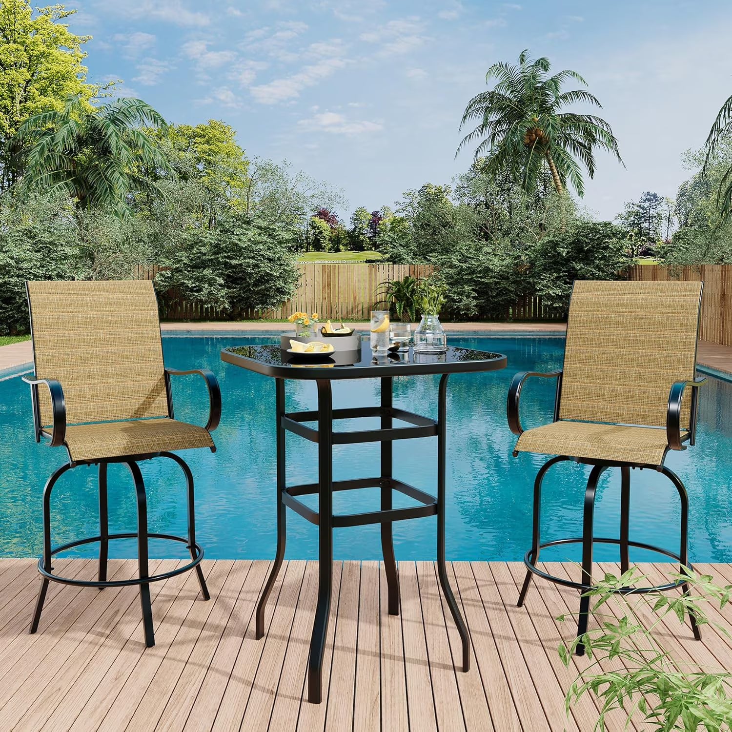 Garvee Outdoor Bar Table with Tempered Glass, Square High-Top Patio Bistro Table, Metal Frame Bar Height Table for Backyard, Poolside, Garden & Balcony