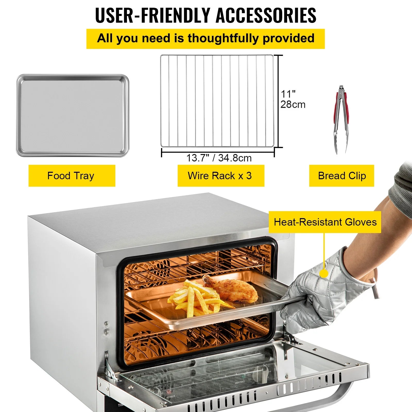 KFFKFF Commercial Convection Oven, 21L/19Qt, Quarter-Size Conventional Oven Countertop, 1440W 3-Tier Toaster w/Front Glass Door, Electric Baking Oven w/Trays Wire Racks Clip Gloves