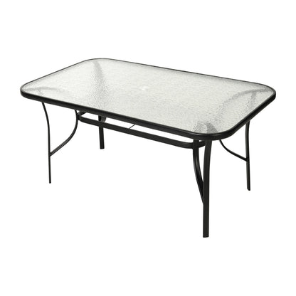 Flash Furniture 7 Piece Commercial Outdoor Patio Dining Set with 60" Tempered Glass Patio Table with Umbrella Hole and 6 Black Triple Slat Chairs