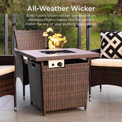 Best Choice Products 28in Propane Gas Fire Pit Table 50,000 BTU Outdoor Wicker w/Glass Beads, Tank Holder Brown