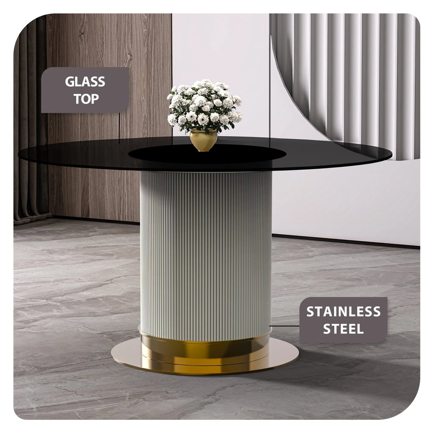 LeisureMod Jexis 60" Mid-Century Modern Round Dining Table with Glass/Sintered Stone Top and White/Gold Stainless Steel Pedestal Base for Kitchen and Dining Room (Black)