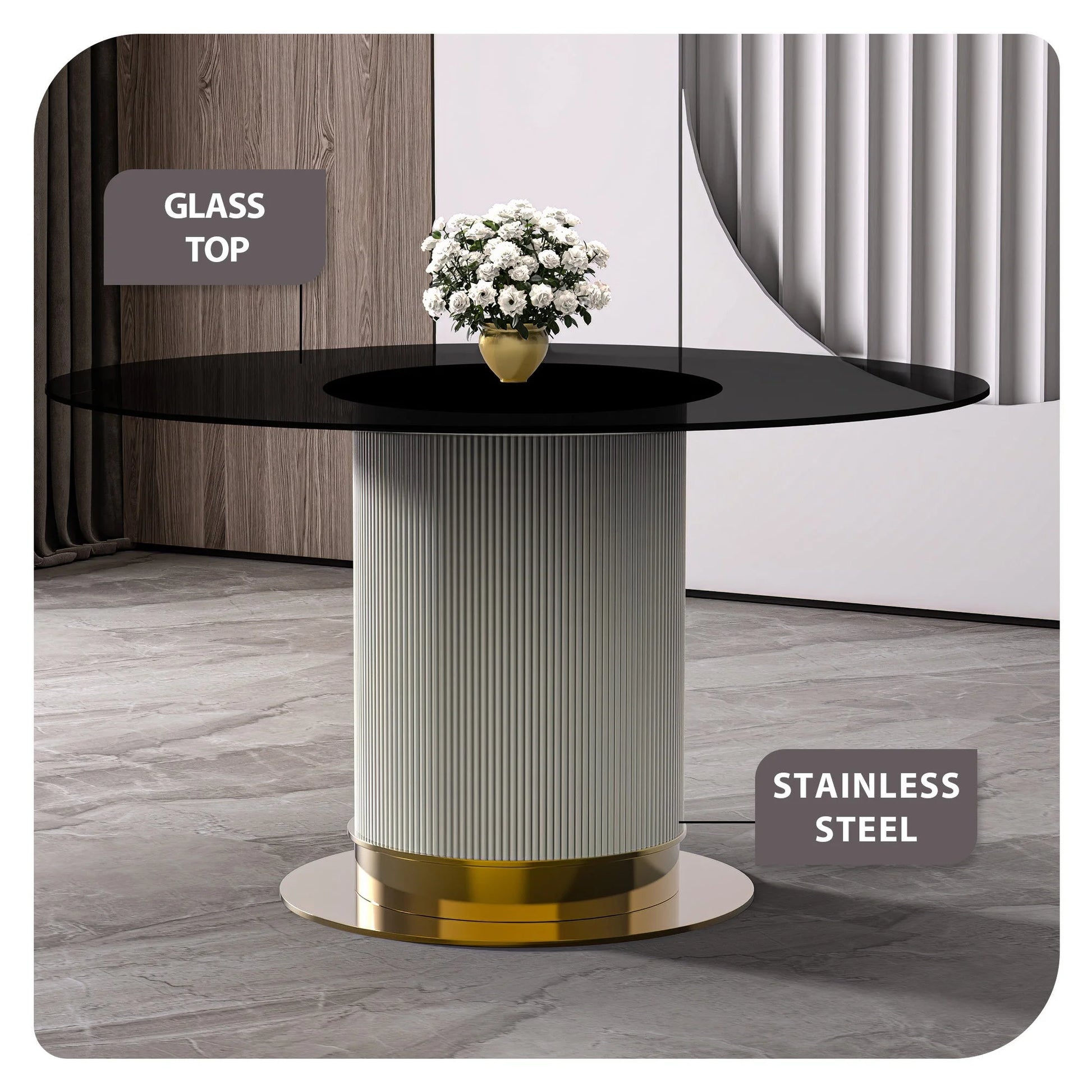 LeisureMod Jexis 60" Mid-Century Modern Round Dining Table with Glass/Sintered Stone Top and White/Gold Stainless Steel Pedestal Base for Kitchen and Dining Room (Black)