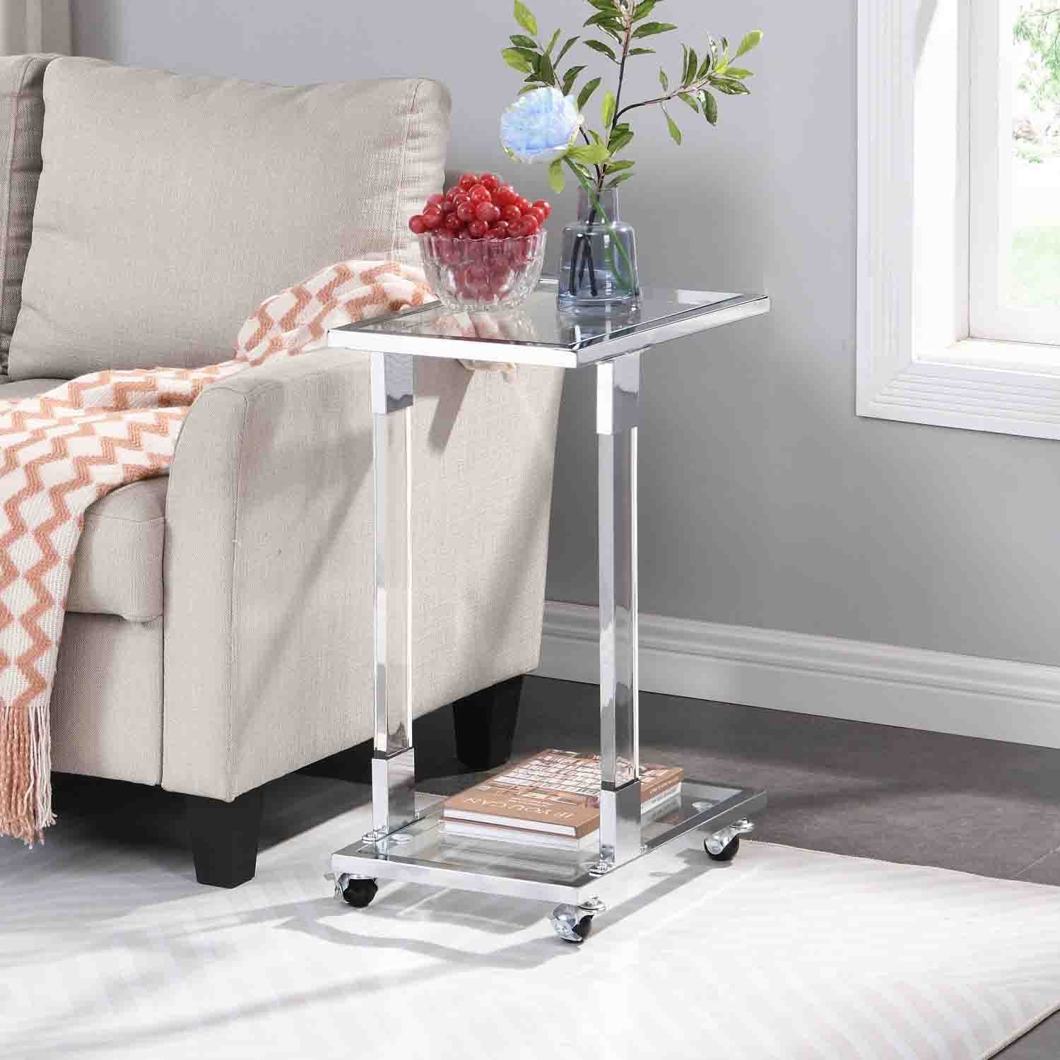 Gewnee Acrylic End Table,Removale Side Table with Tempered Glass Shelves,Chrome