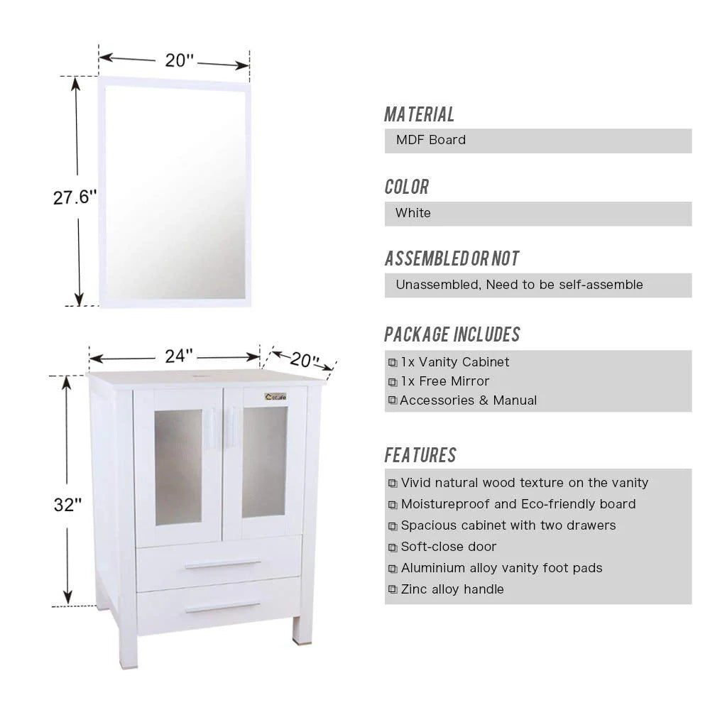 Eclife 24"W x 20"D x 32"H Classical Bathroom Vanity Vessel Sink Set with Faucet, Mirror White Vanity and Ocean Blue Square Glass Sink Pop up Drain Combo