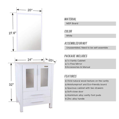 Eclife 24"W x 20"D x 32"H Classical Bathroom Vanity Vessel Sink Set with Faucet, Mirror White Vanity and Ocean Blue Square Glass Sink Pop up Drain Combo