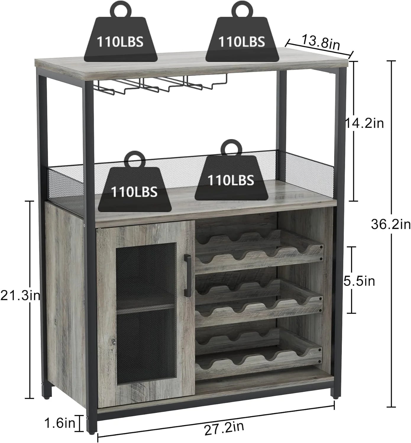 Homhougo Wine Bar Cabinet with Removable Wine Racks and 1 Drawer,Bar Cabinet with Glass Holder and Mesh Door for Liquor and Glasses (Grey)