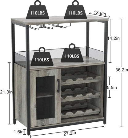 Homhougo Wine Bar Cabinet with Removable Wine Racks and 1 Drawer,Bar Cabinet with Glass Holder and Mesh Door for Liquor and Glasses (Grey)