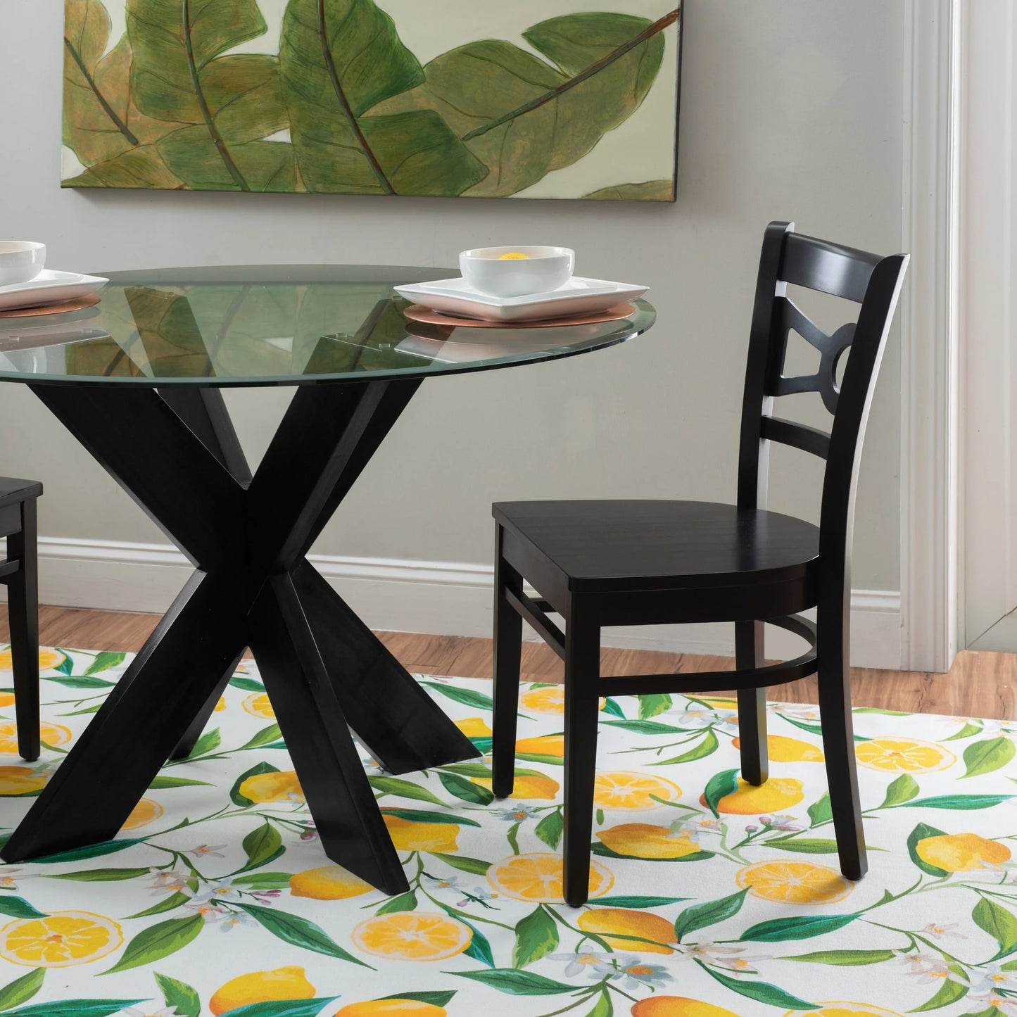 Powell Augusta Wood X-Base Dining Table with Glass Top, Black