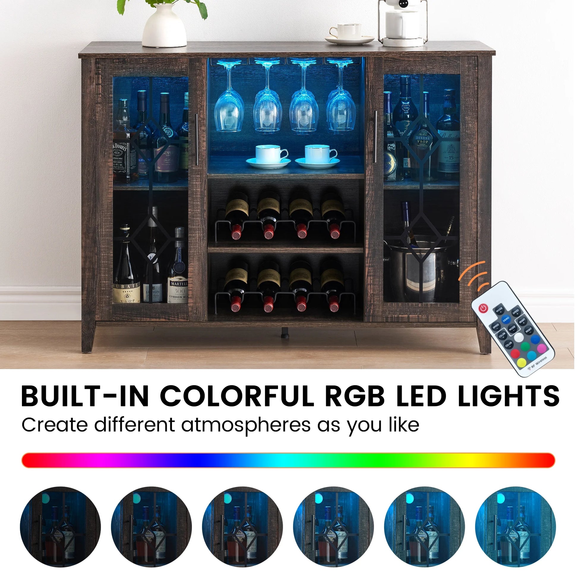 Garvee Farmhouse Wine Bar Cabinet with LED Lights, Coffee Bar Cabinet with Wine and Glasses Rack, Buffet Sideboard with Storage, Liquor Cabinet for Bar, Kitchen, Dining Room, Dark Oak