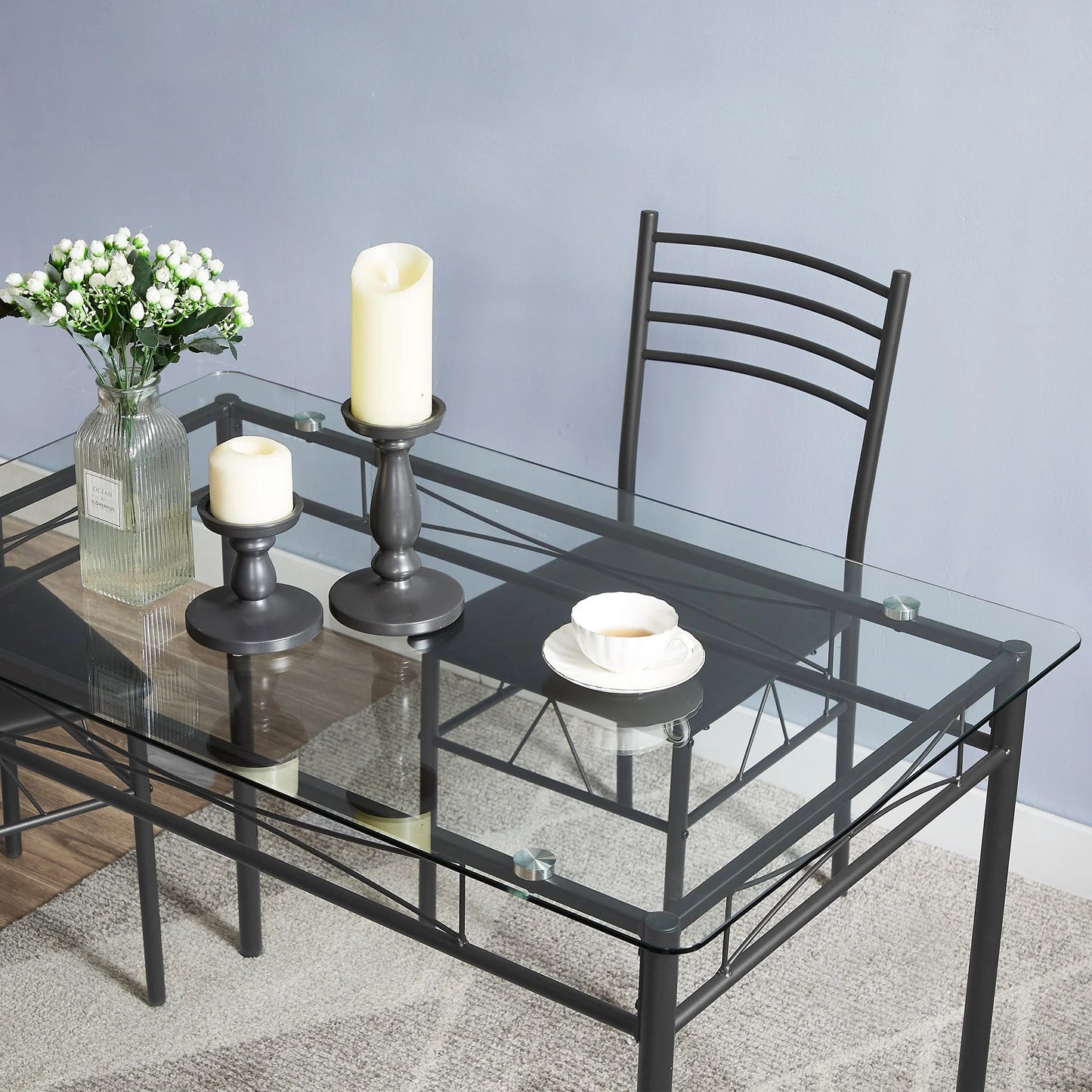 VECELO 5-Piece Dining Set Tempered Glass Top Table with 4 Upholstered Chairs for Home, Kitchen, Living Room, Black