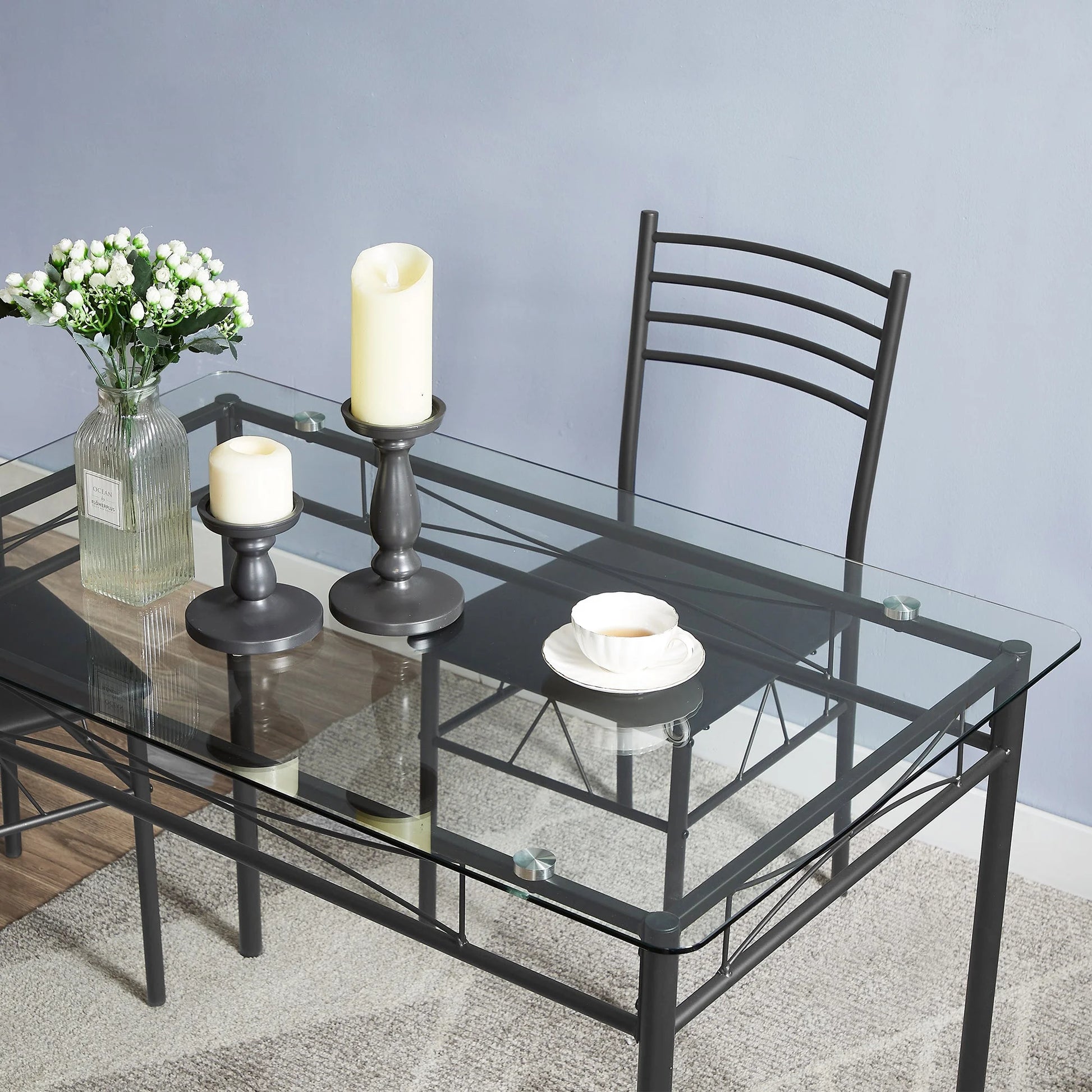 VECELO 5-Piece Dining Set Tempered Glass Top Table with 4 Upholstered Chairs for Home, Kitchen, Living Room, Black