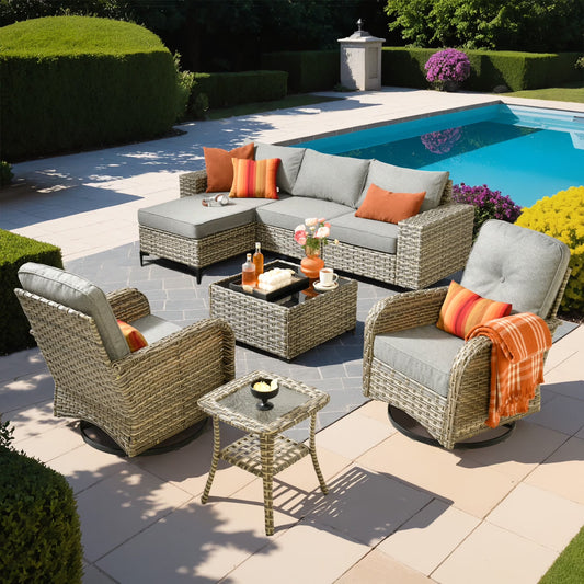 Ovios 8 Pieces Wicker Patio Furniture Sets Outdoor Conversation Sectional Sofa with Swivel Chairs & Glass Coffee Table