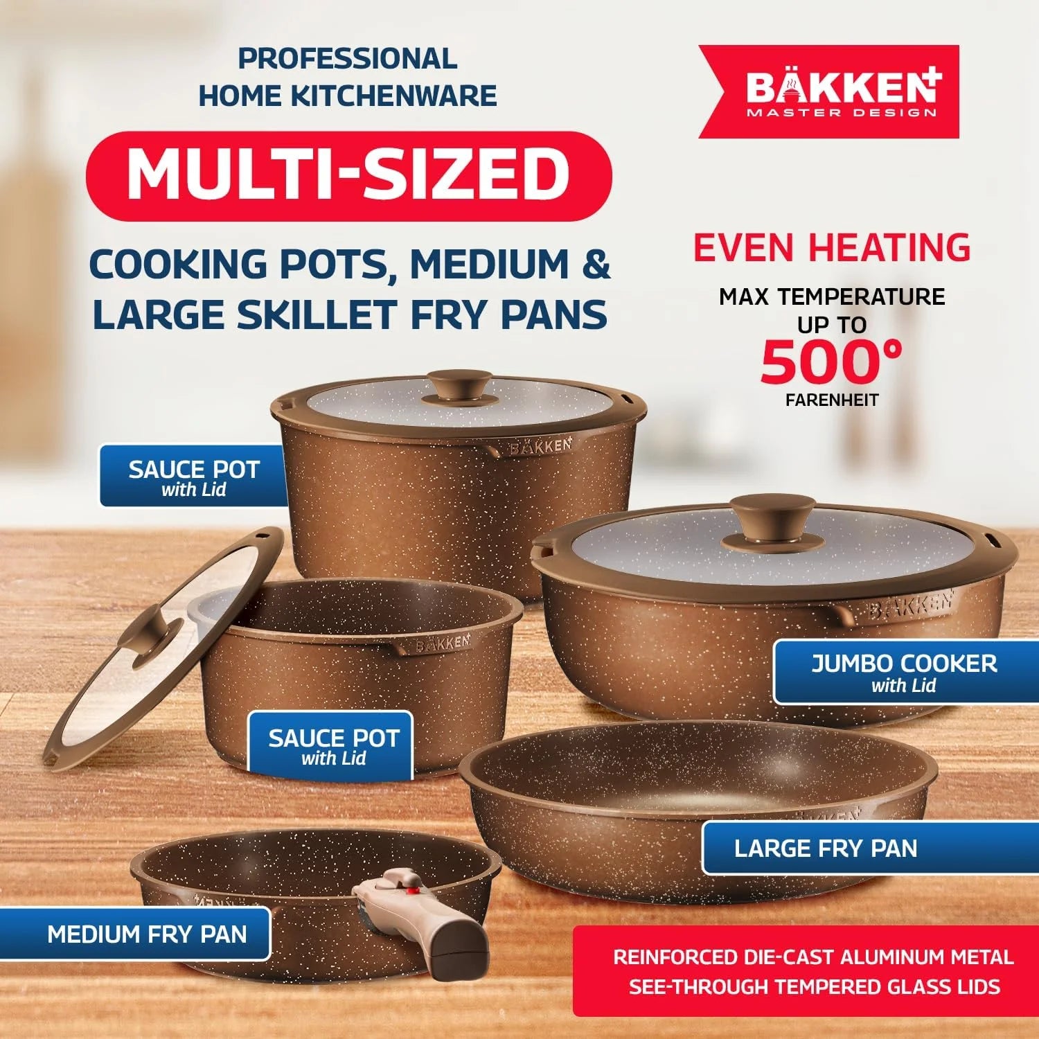 Bakken Master 38 Piece Granite Cookware and Bakeware Set - Nonstick Granite Coating, Pots and Pans with Detachable Handles and Tempered Glass Lids, 6-piece Bakeware set, 12-piece Mixing Bowls,Brown